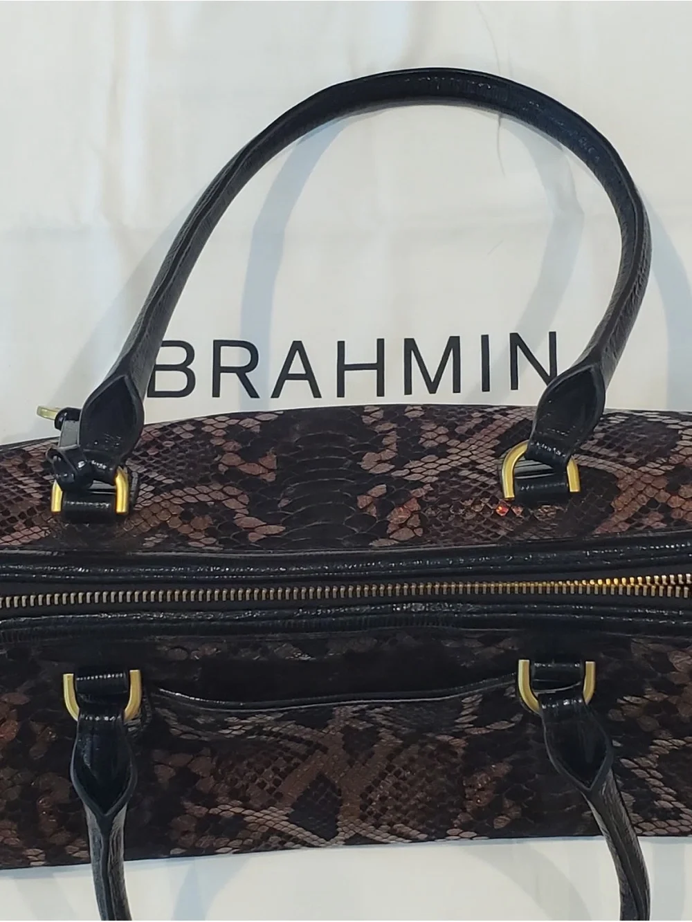 Brahmin Black Wallet & Brown Snake-Print Tote w/ Black Handles & Gold Hardware